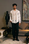 Ivory Lycra Satin Drip Panel Shirt by GOE: Embroidered Dripping Tuxedo Detail.