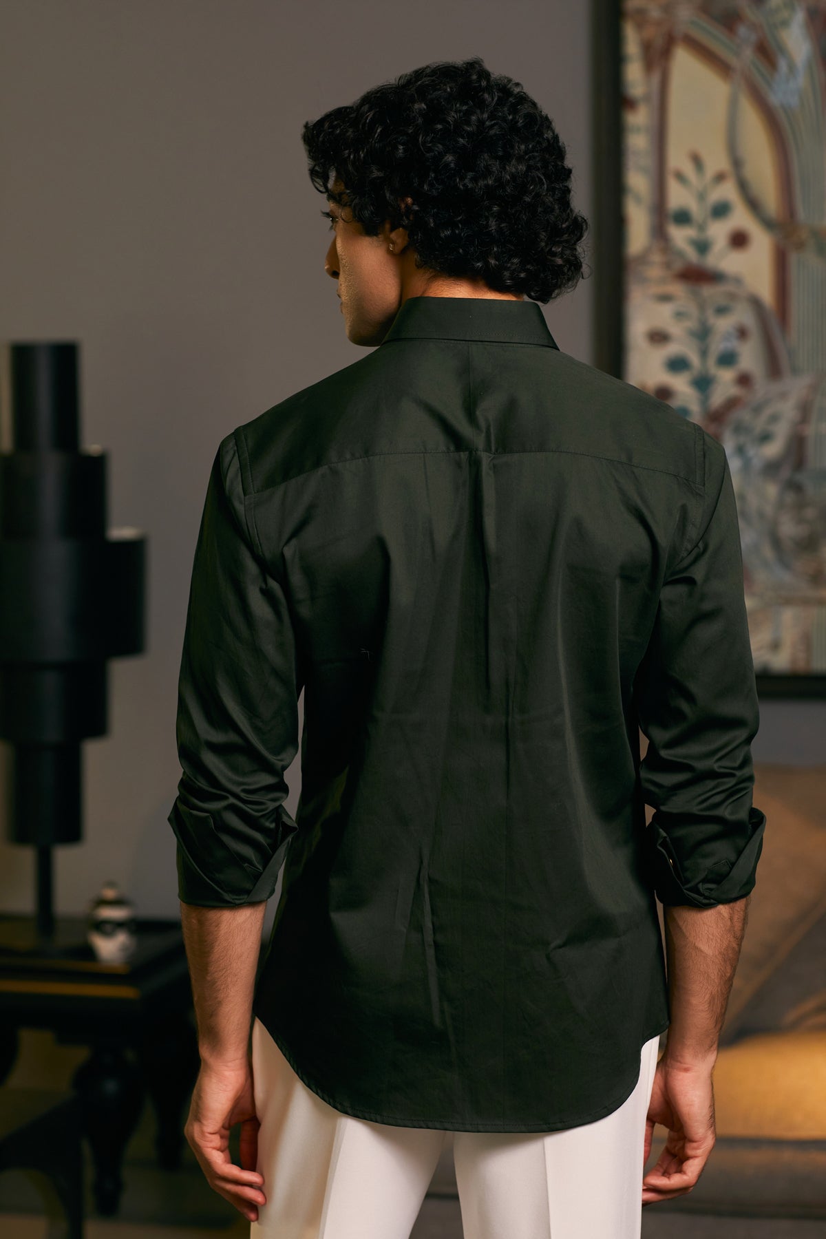 Olive Cotton Satin Metallic Shirt by GOE: Features Metallic Strip Work on Yoke.