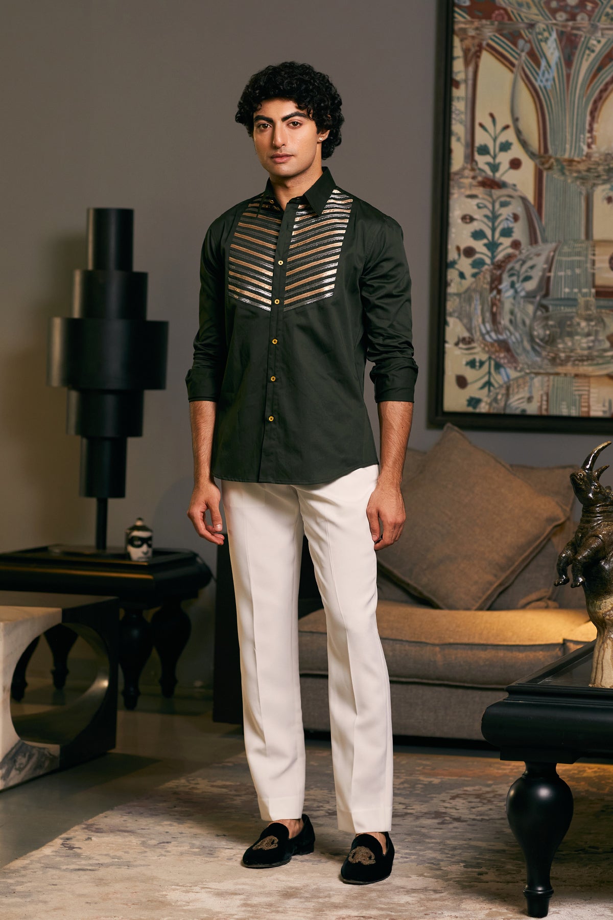 GOE Olive Cotton Satin Shirt with Metallic Strip Detailing on the Yoke.