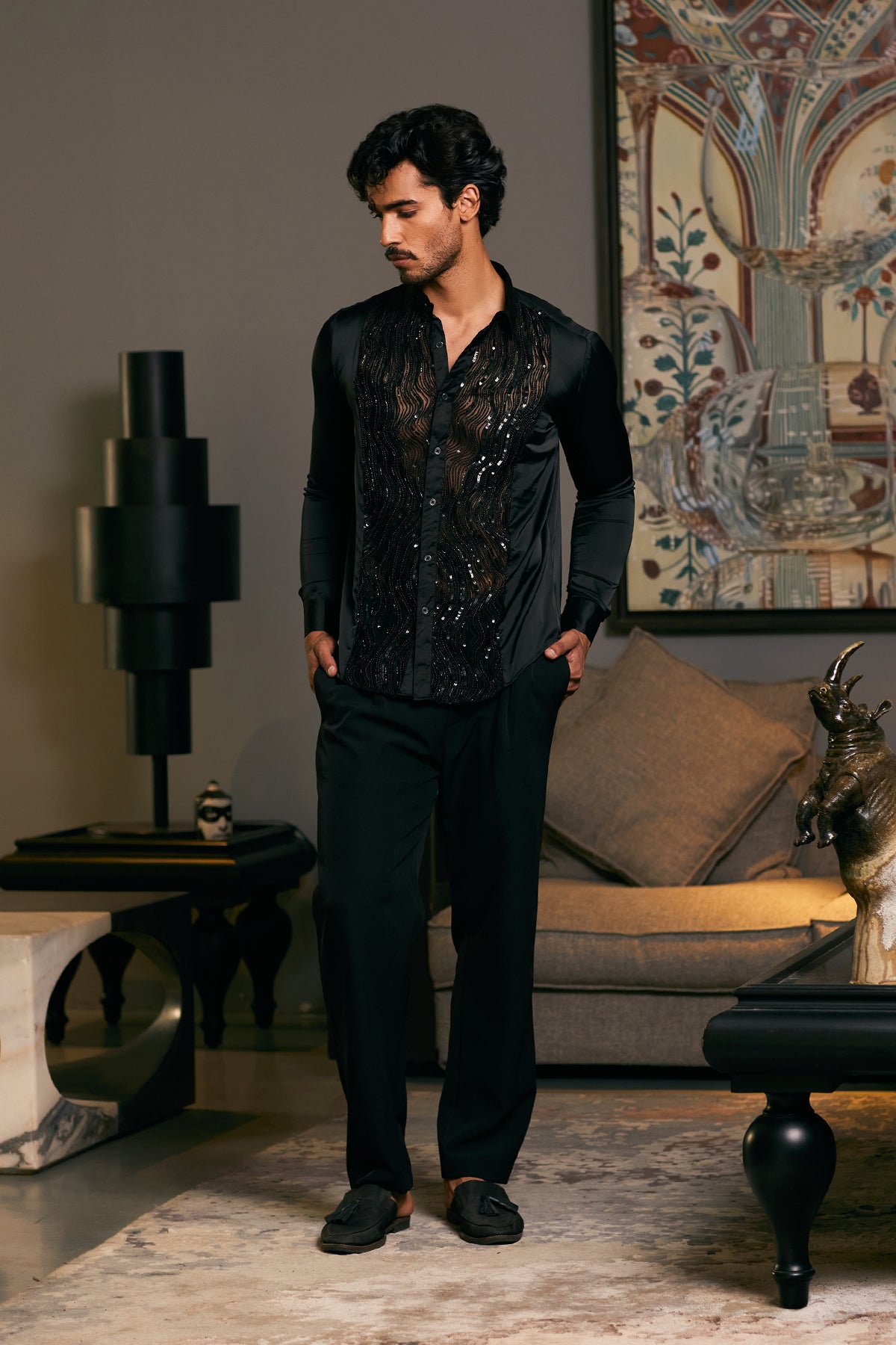 GOE Drip Panel Shirt in Black: Lycra Satin Fabric with Embroidered Dripping Tuxedo Panel.