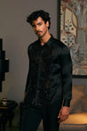 GOE Black Lycra Satin Shirt Featuring an Embroidered Dripping Tuxedo Panel.