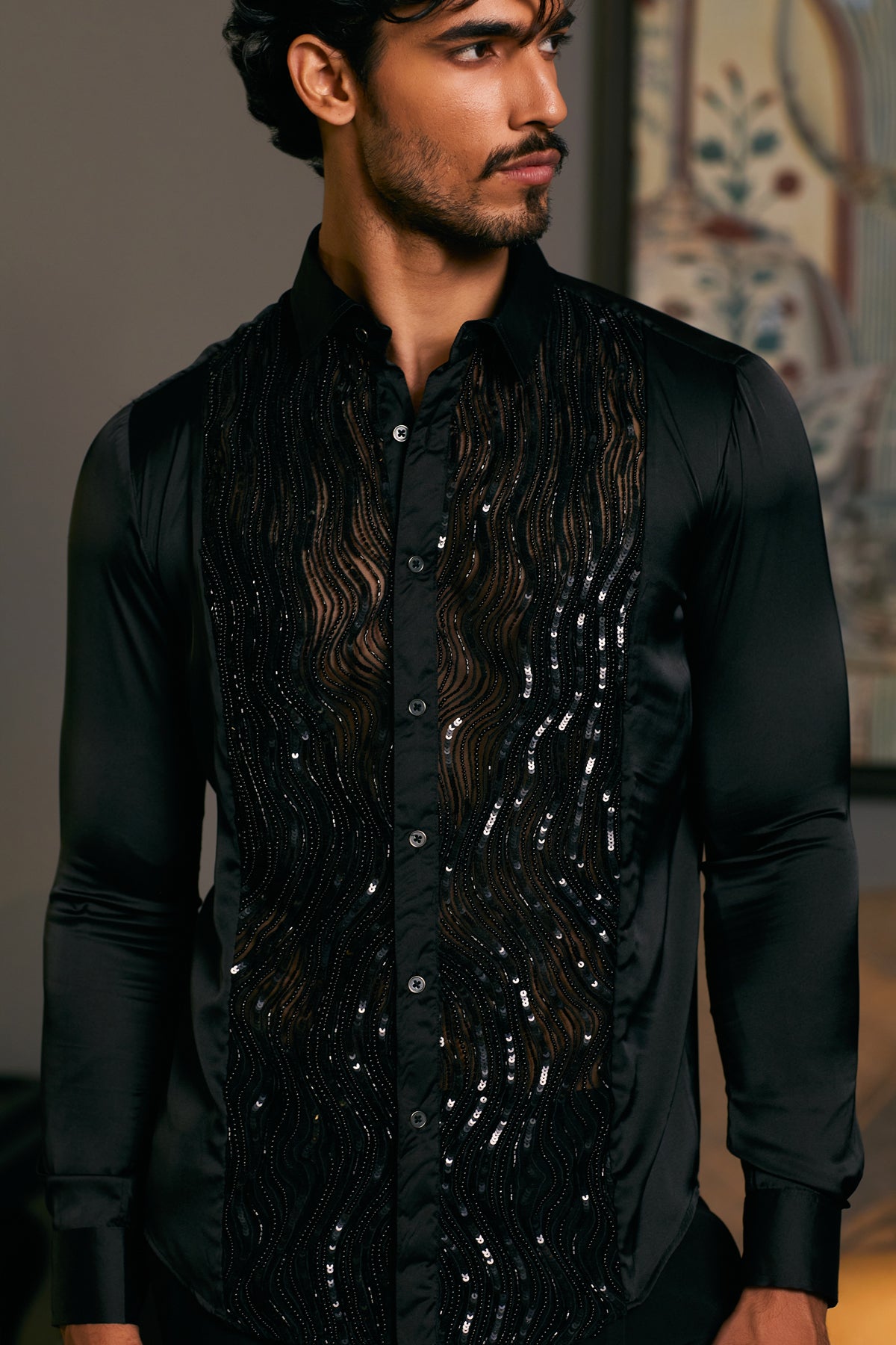 Black Lycra Satin Drip Panel Shirt by GOE: Embroidered Dripping Tuxedo Detail.