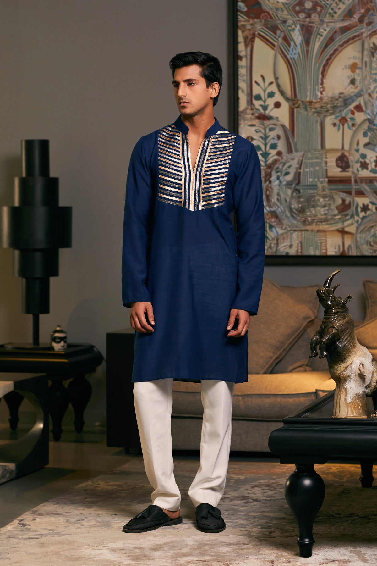 Elegant GOE Navy Blue Kurta with metallic shimmer, ideal for festive and formal events