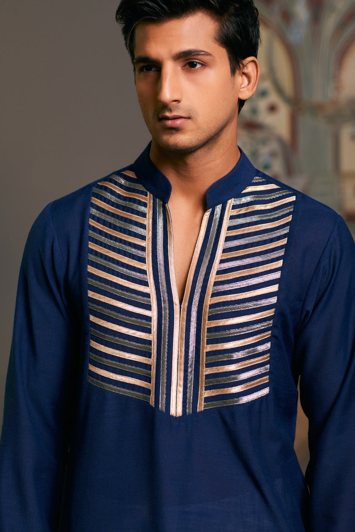 GOE kurta in navy blue with a subtle metallic finish, perfect for adding a touch of glam to any occasion