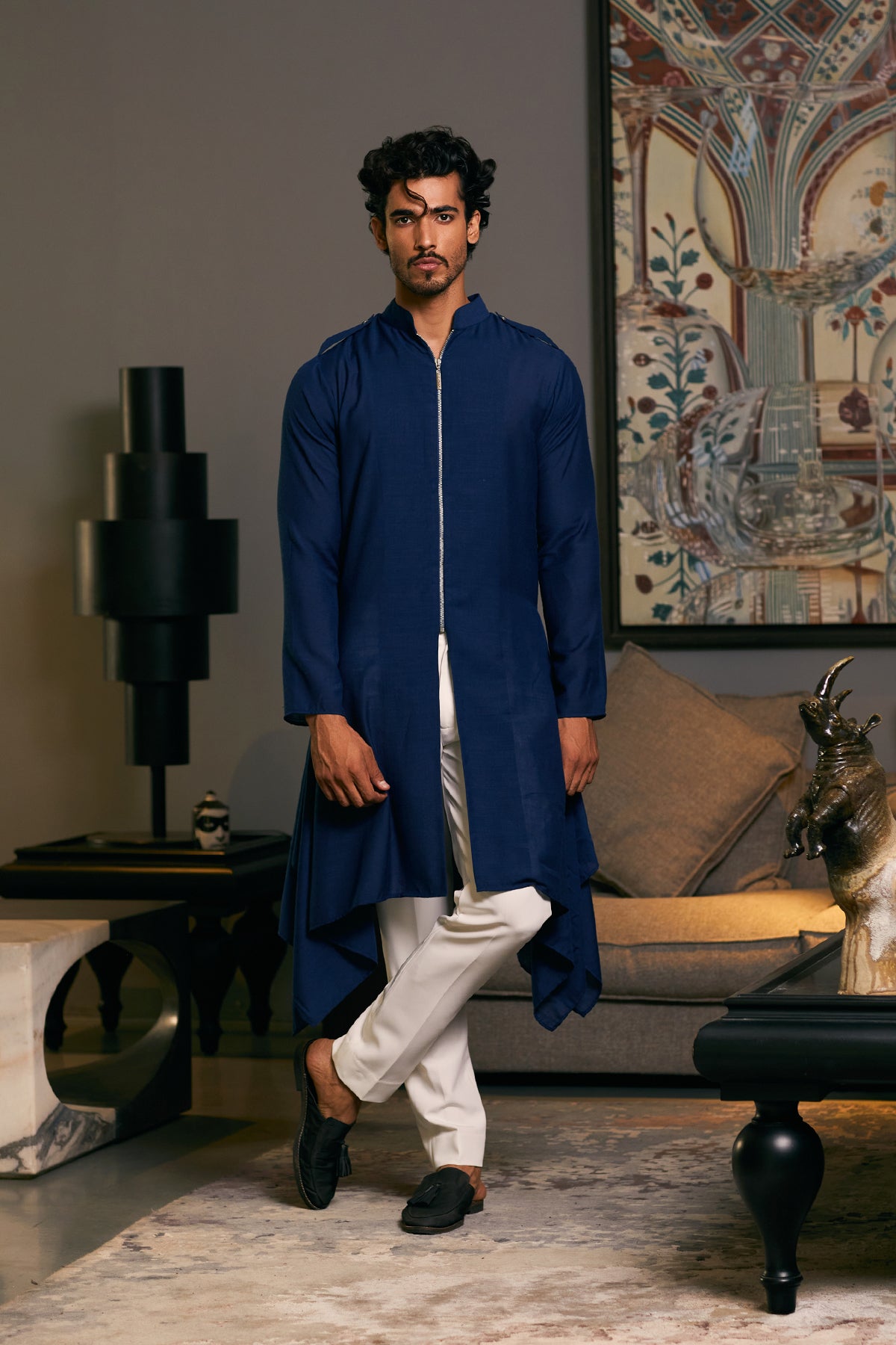 GOE Midnight Blue Drape Kurta with a flowing silhouette, combining elegance and modern style.