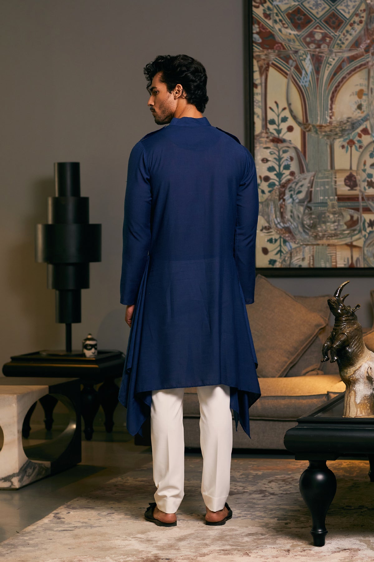 GOE kurta in deep midnight blue with draped details, perfect for a stylish and refined appearance