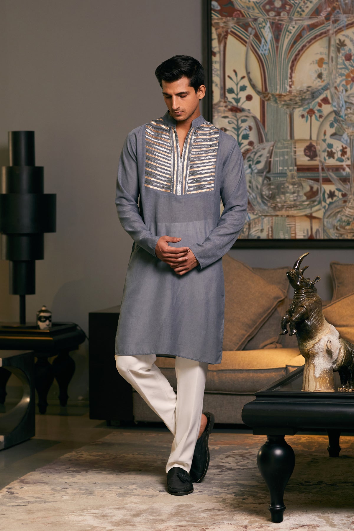 GOE Steel Metallic Kurta with a sleek, modern finish, perfect for contemporary fashion statements.