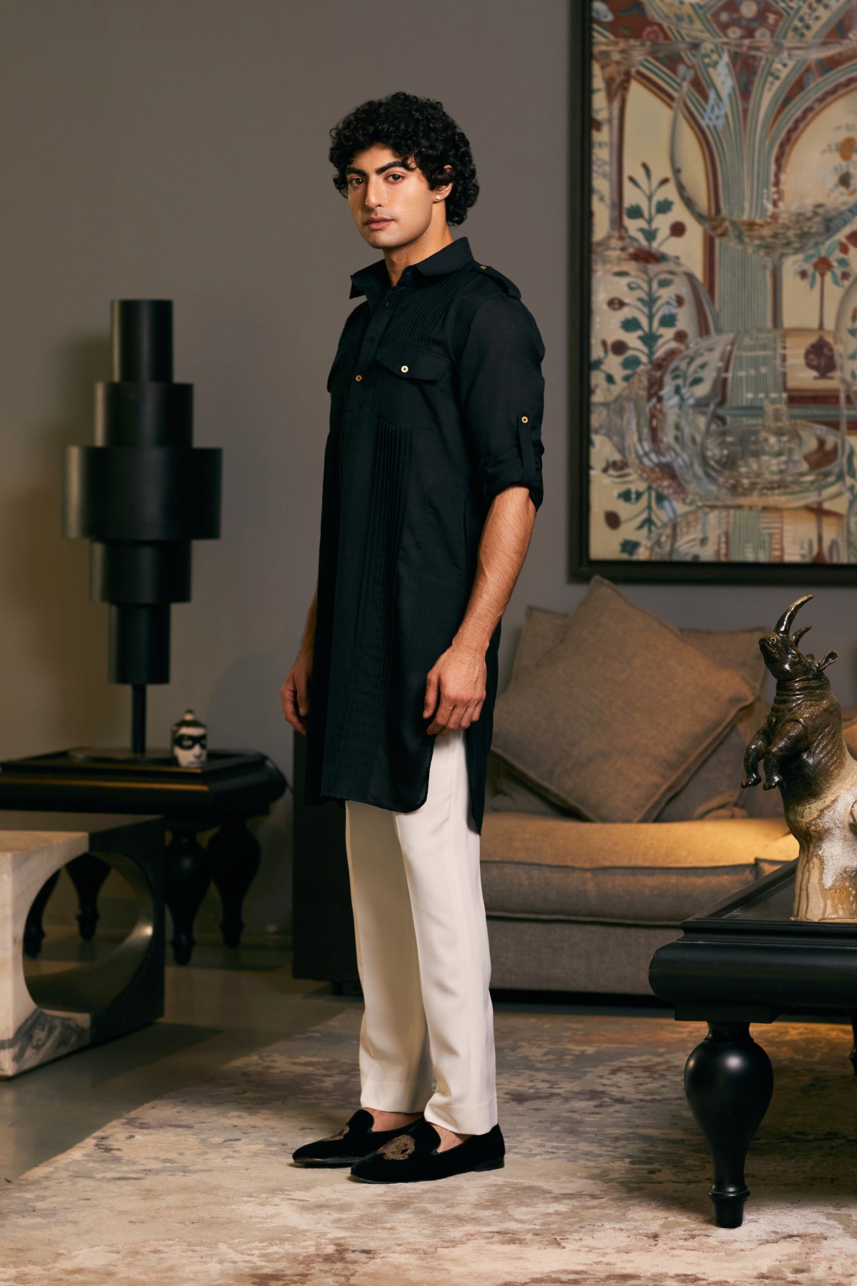 Stylish GOE kurta featuring military-inspired elements for a strong and modern look