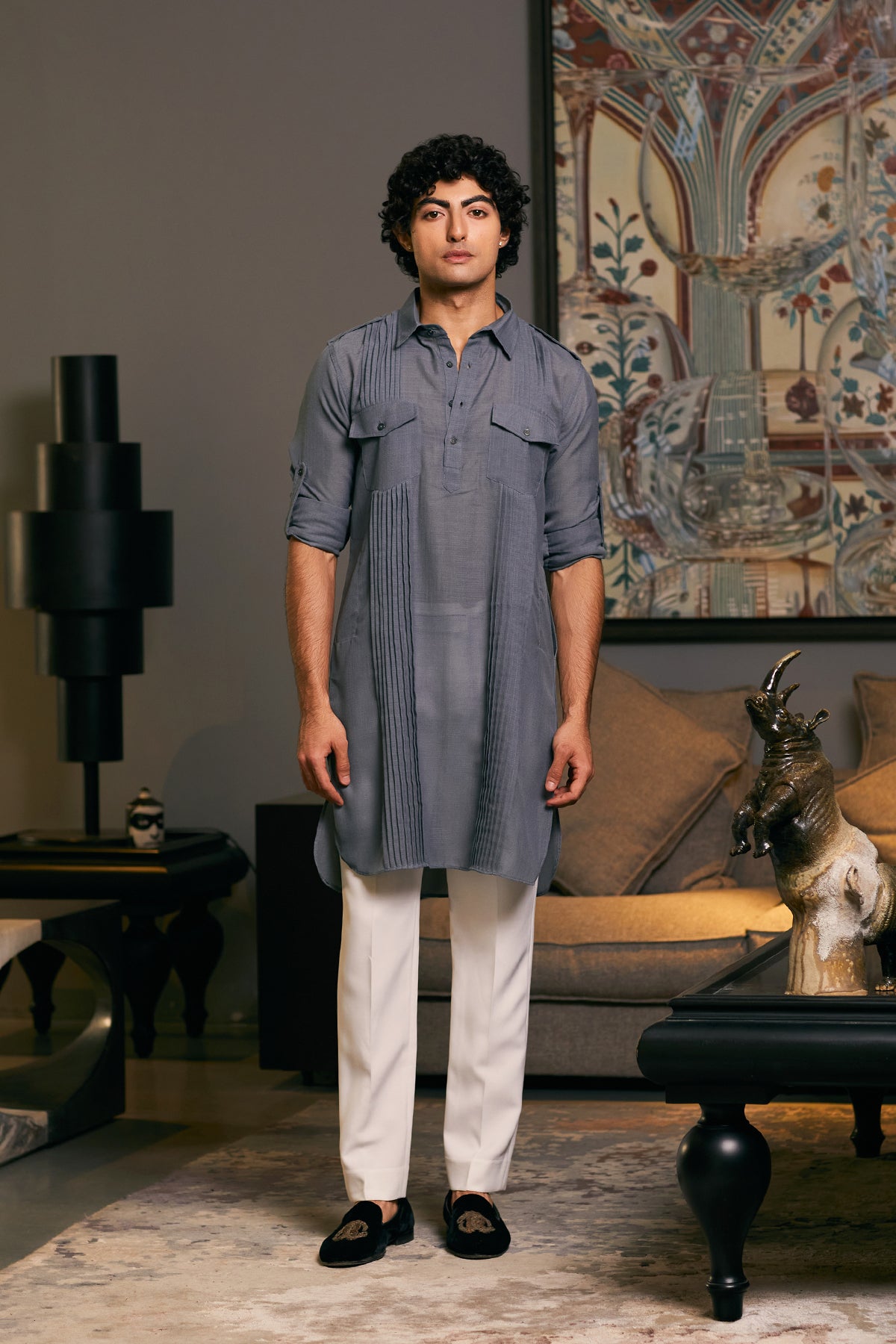 GOE Slate Military Kurta with sleek, structured details, offering a modern and commanding look.