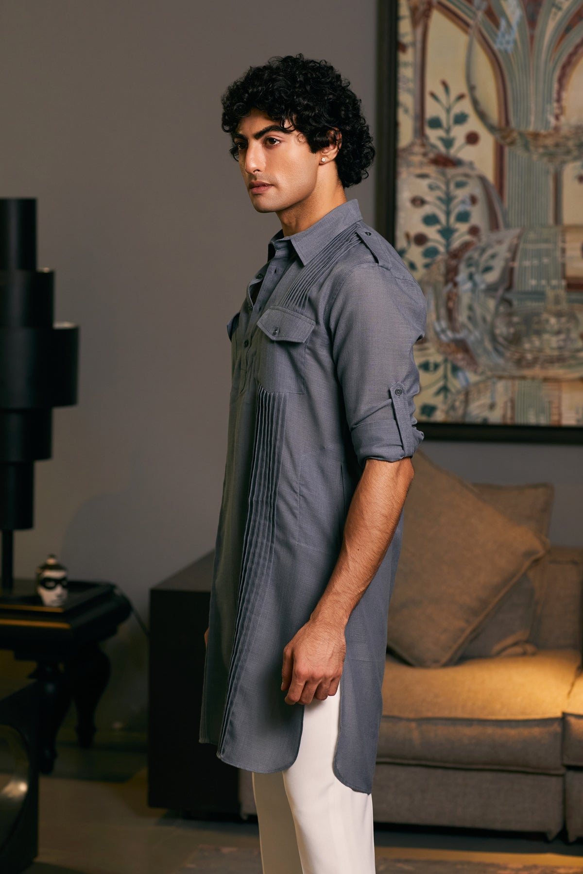 Stylish GOE kurta in slate grey, featuring military-inspired elements for a sophisticated and edgy style