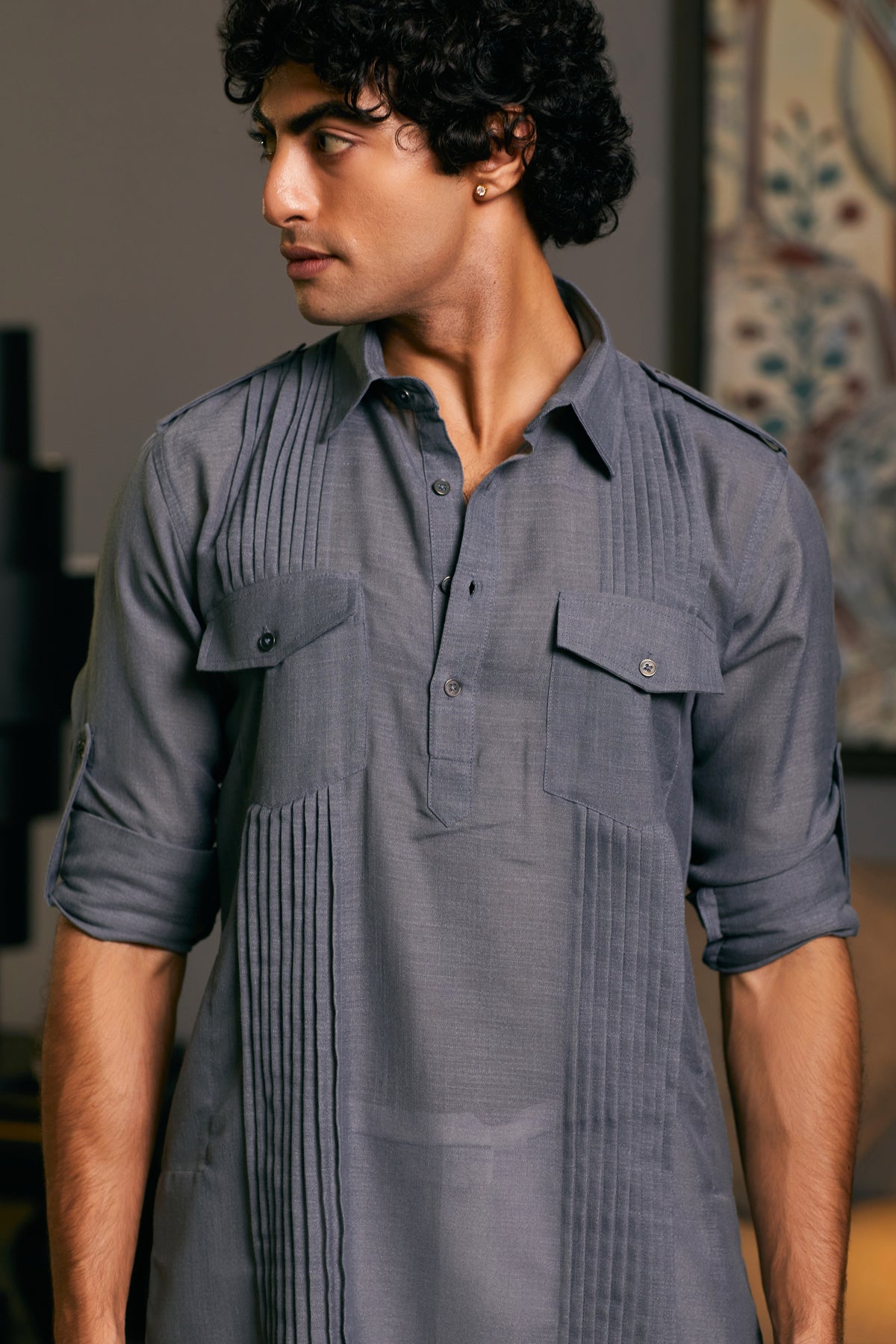 Slate-colored military kurta by GOE, blending contemporary design with rugged sophistication