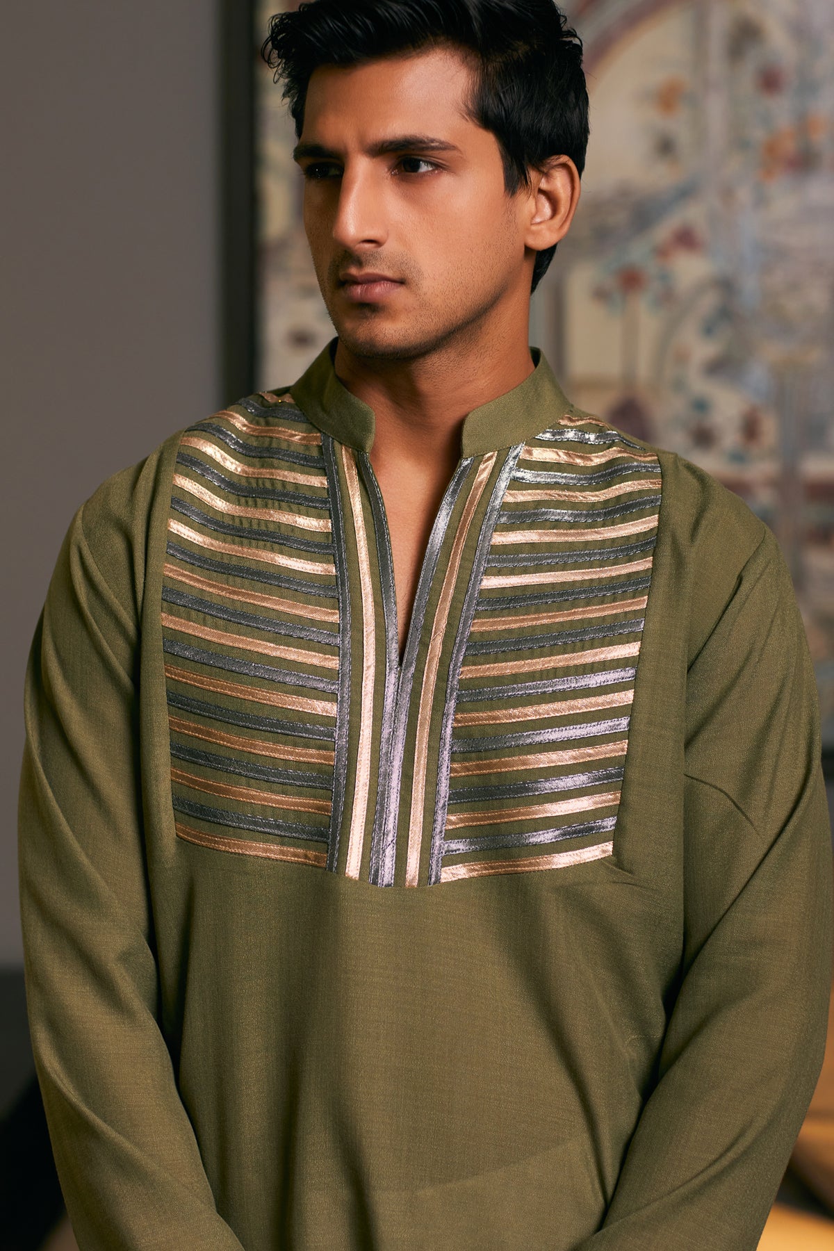 OE kurta in olive metallic, featuring a unique blend of earthy tones and a sleek finish