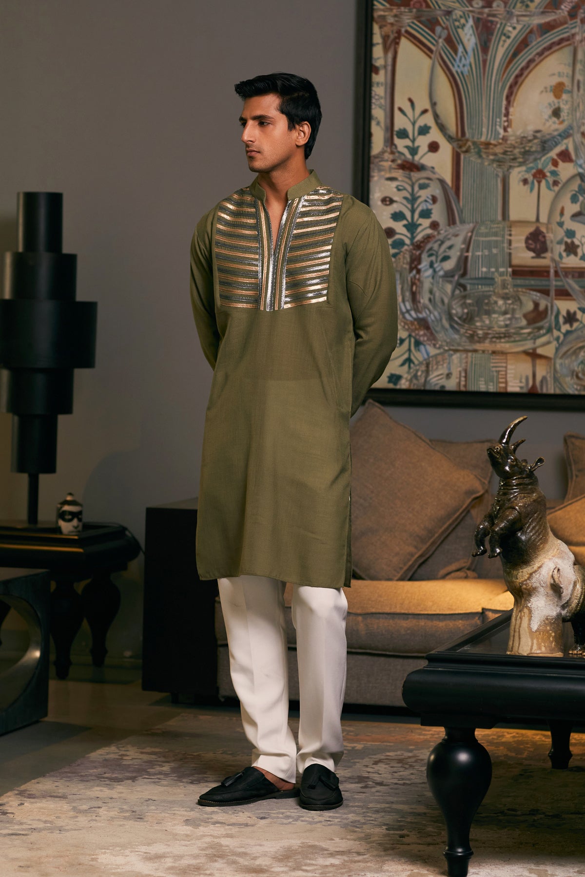 Stylish GOE Olive Metallic Kurta, offering a sophisticated look with a contemporary twist