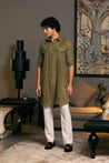 Stylish olive green kurta by GOE, featuring military-inspired accents for a modern and refined appearance