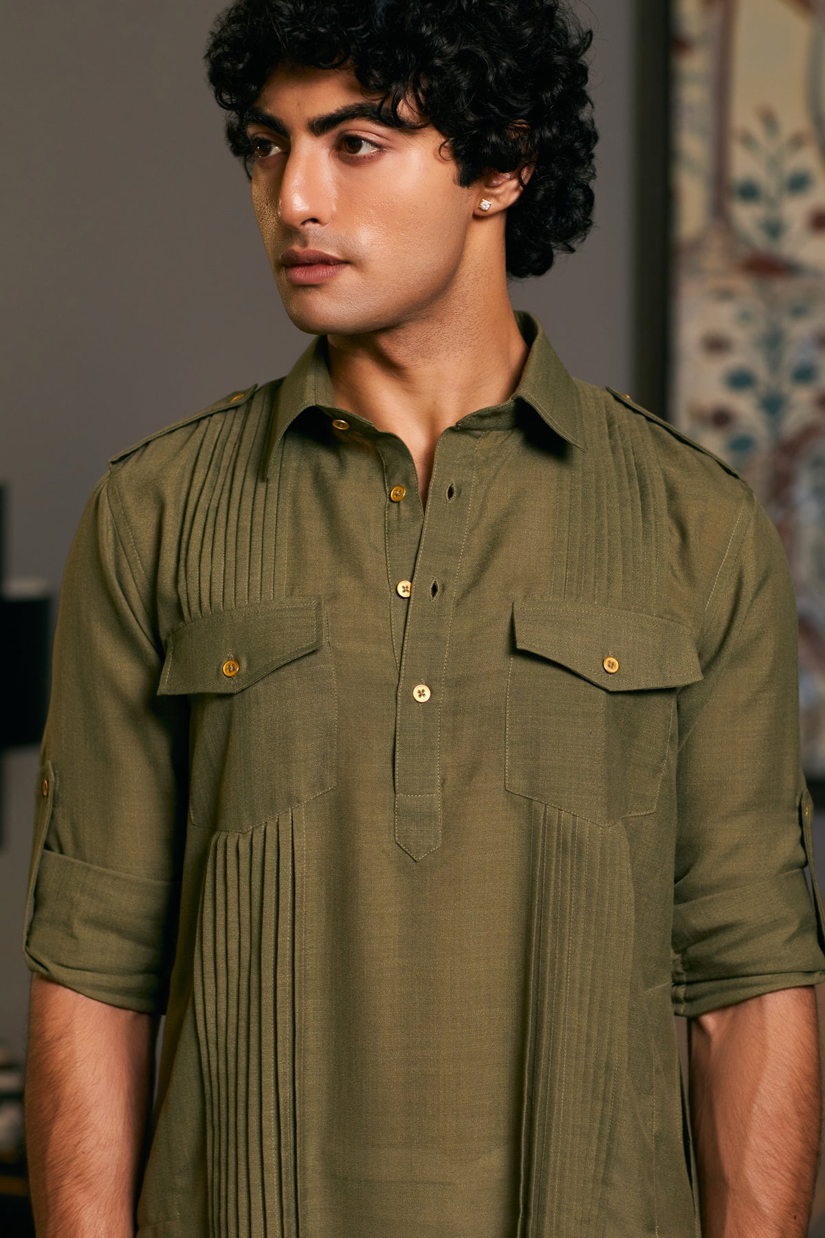 Olive Military Kurta by GOE, combining a sophisticated military style with elegant tailoring