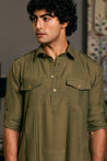 Olive Military Kurta by GOE, combining a sophisticated military style with elegant tailoring