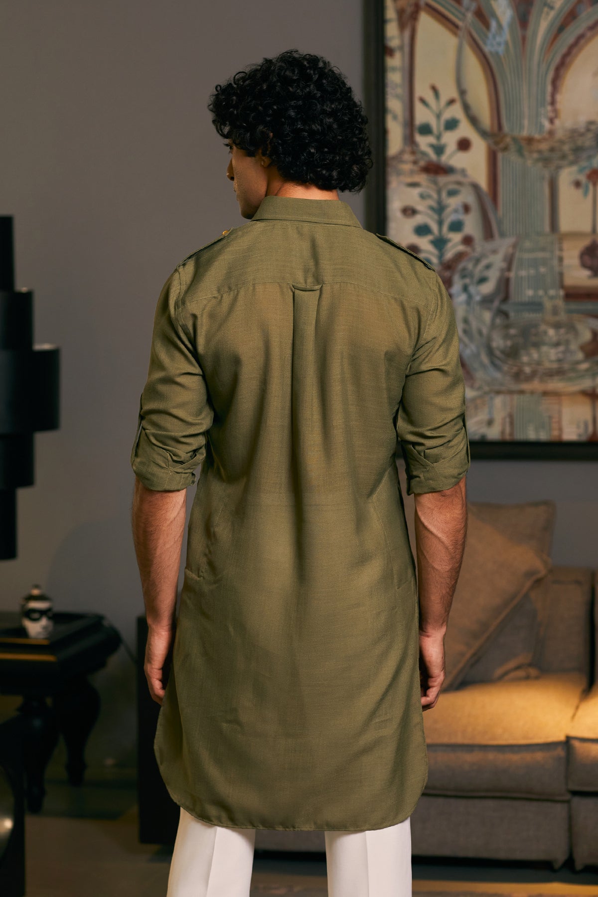 GOE kurta in olive with military elements, offering a chic and commanding presence