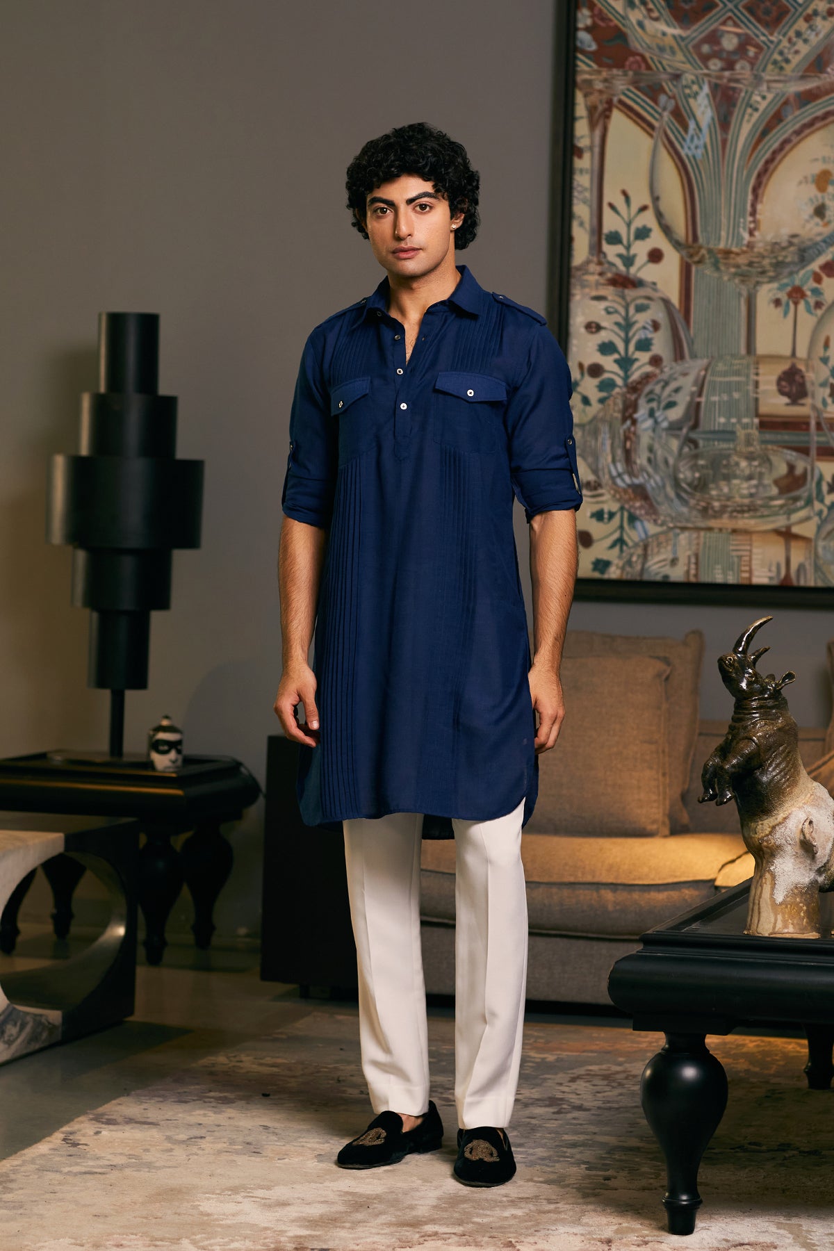 GOE Midnight Blue Military Kurta with bold, structured details for a strong and stylish look