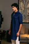 Elegant GOE kurta in midnight blue, featuring military-inspired elements for a modern and confident style