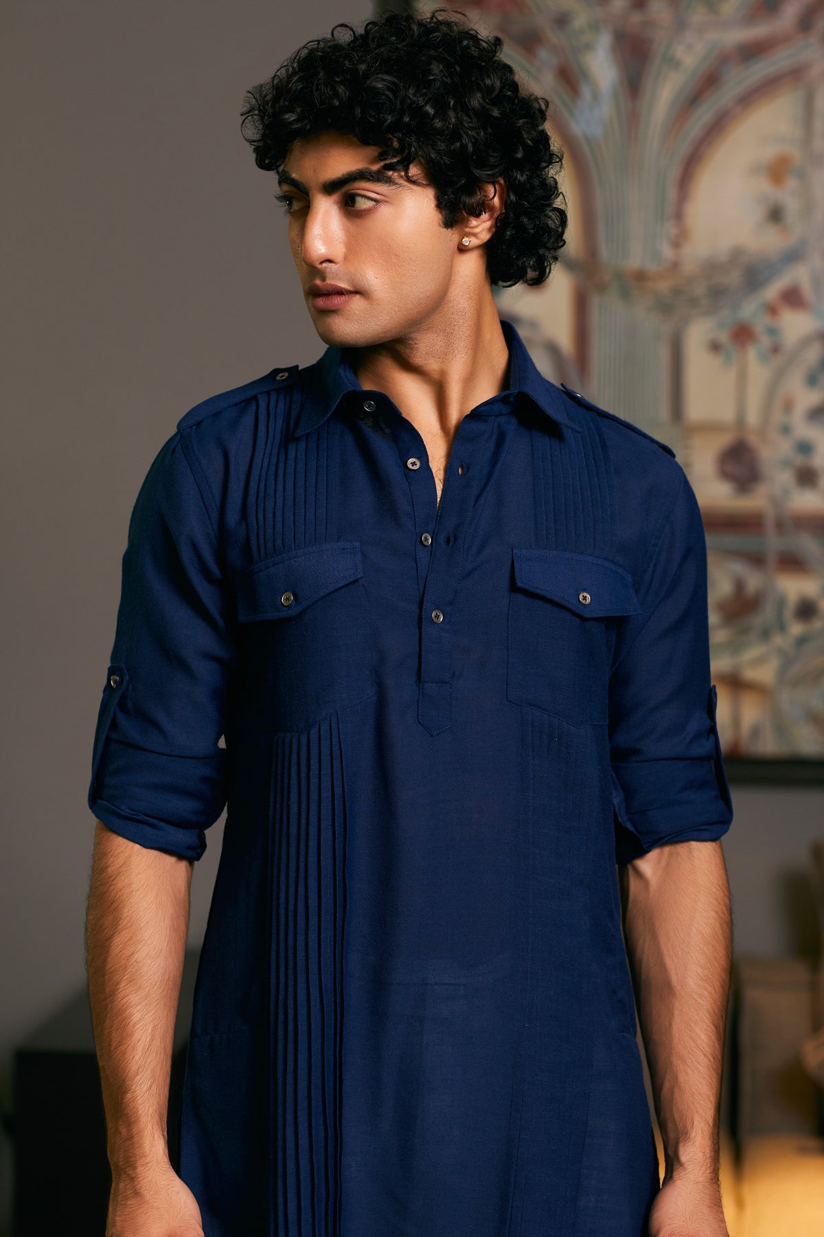 Midnight blue military kurta by GOE, combining a commanding design with refined tailoring