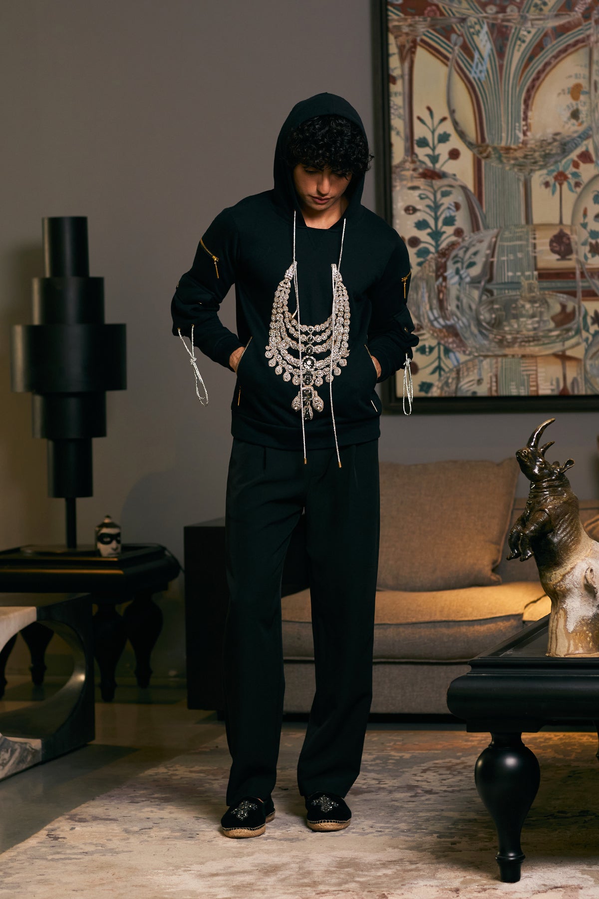 GOE Necklace jumper	Black fleece jumper with embroidered crystal necklace & crystal rope toggle