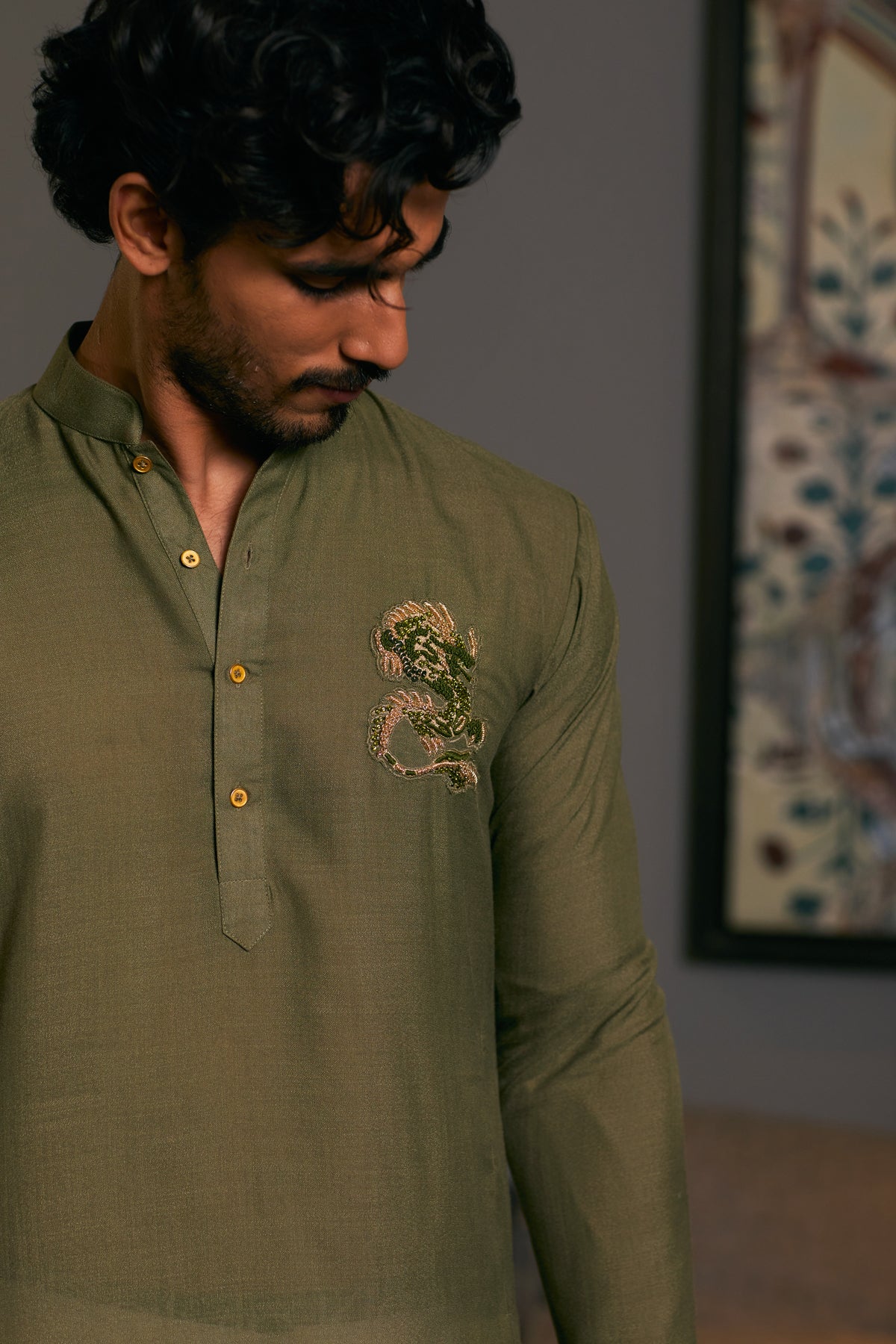 GOE Olive Dragon Kurta with intricate dragon motifs on premium olive fabric