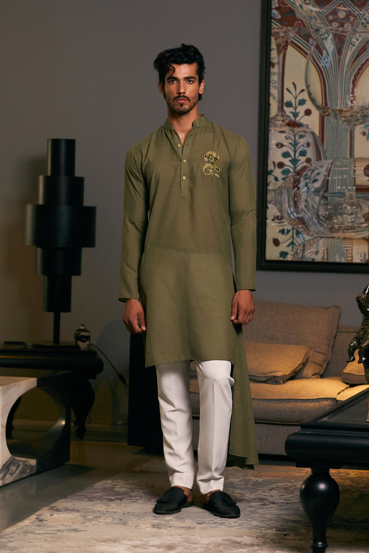 GOE Olive Dragon Kurta with intricate dragon motifs on premium olive fabric