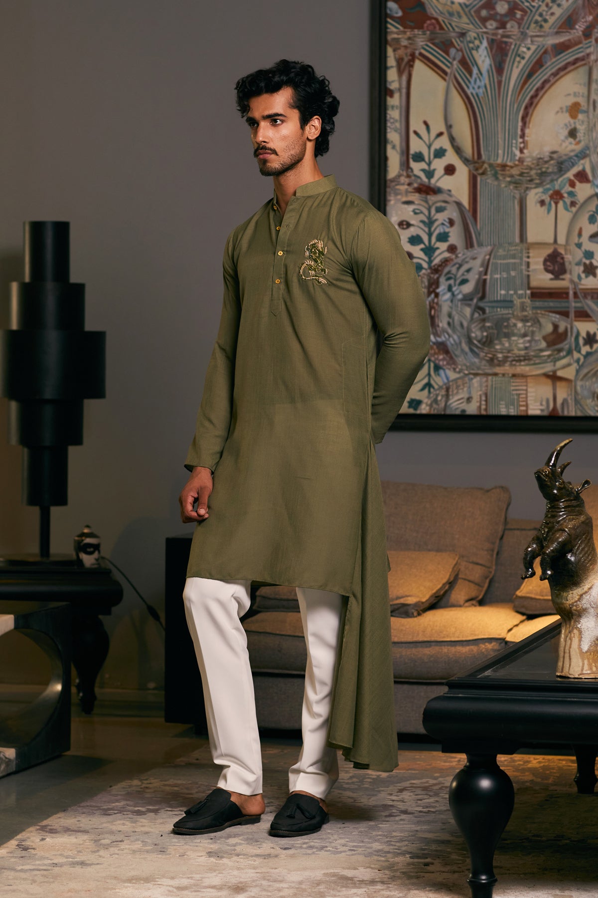 GOE Olive Dragon Kurta with intricate dragon motifs on premium olive fabric