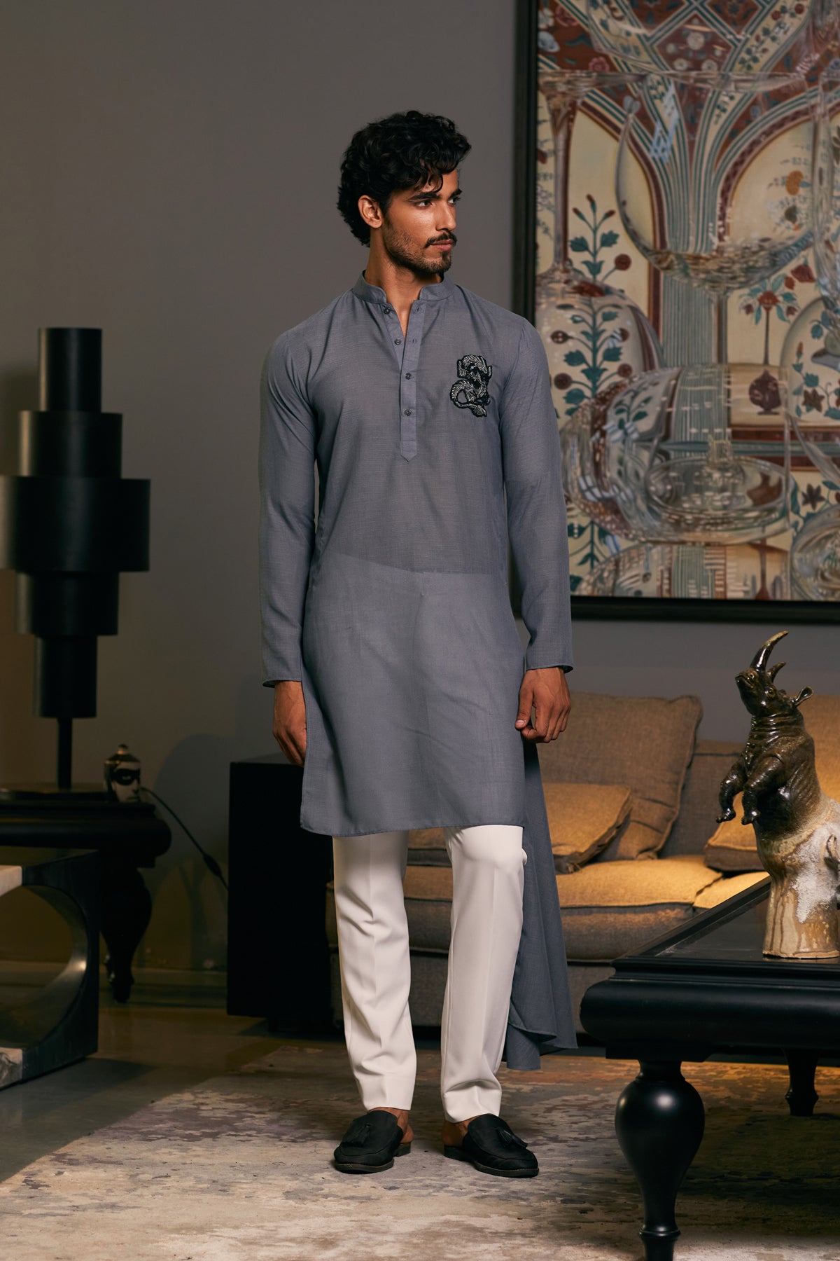 GOE Slate Dragon Kurta with intricate dragon motifs in a sophisticated slate color, offering a bold yet refined look