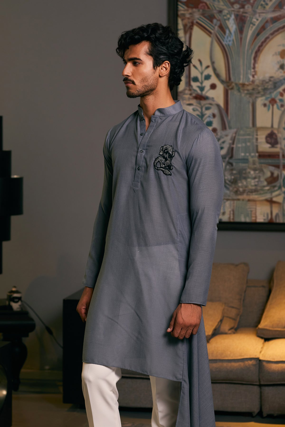 Stylish GOE kurta in slate grey, featuring detailed dragon patterns for a unique and contemporary design