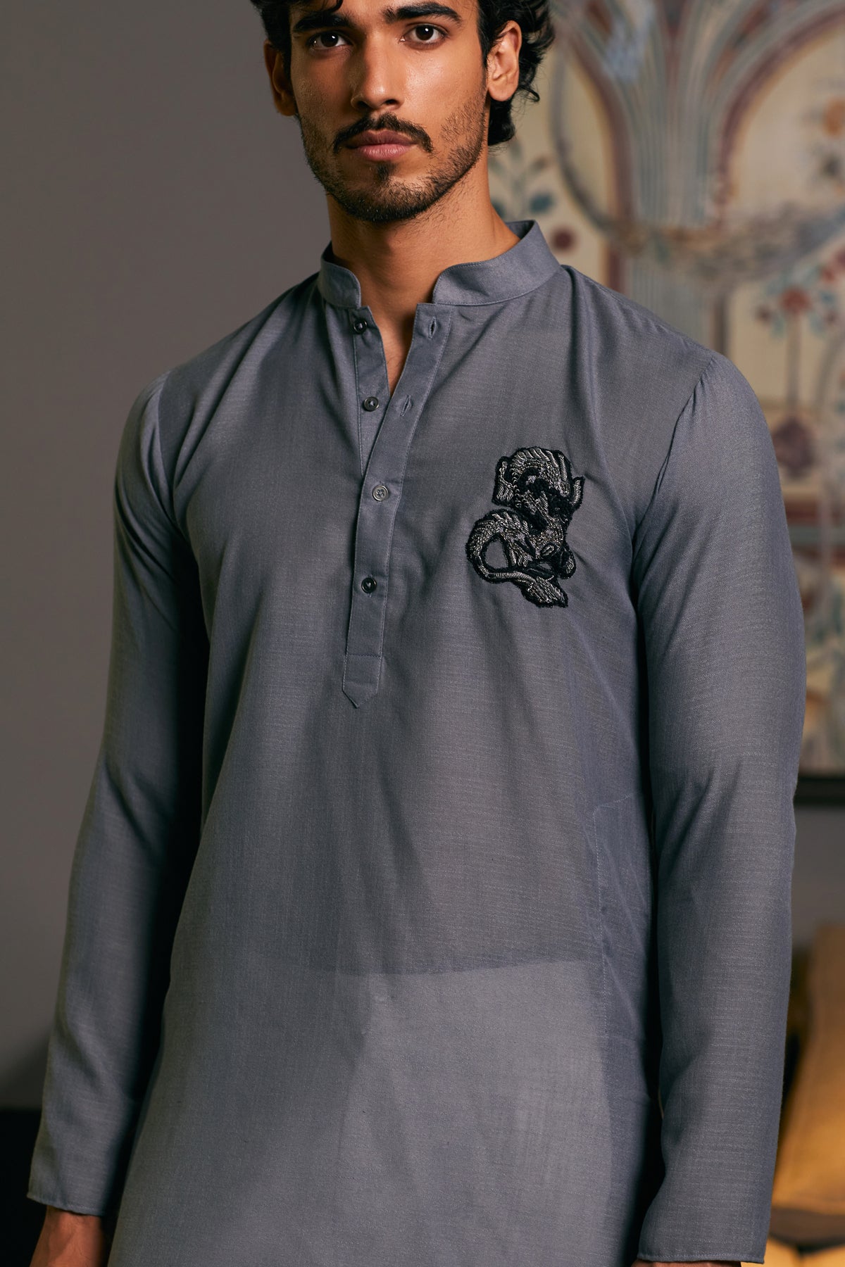 Slate-colored Dragon Kurta by GOE, blending traditional dragon elements with modern elegance