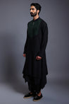 Elegant black draped kurta in blended linen with emerald stripwork and a crystal rope yoke, matched with draped dhoti pants.