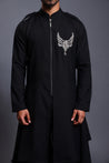 Sophisticated black linen kurta with a sparkling crystal necklace crest, perfect for formal occasions.