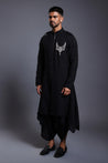 Black blended linen kurta featuring a crystal necklace crest for a touch of modern elegance