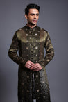 Elegant emerald chanderi kurta sherwani featuring intricate black gradient zircons, perfect for special occasions.