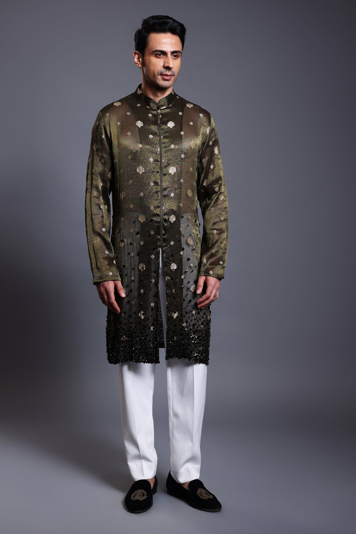 Emerald chanderi kurta sherwani with black gradient zircon embellishments, offering a luxurious and regal look