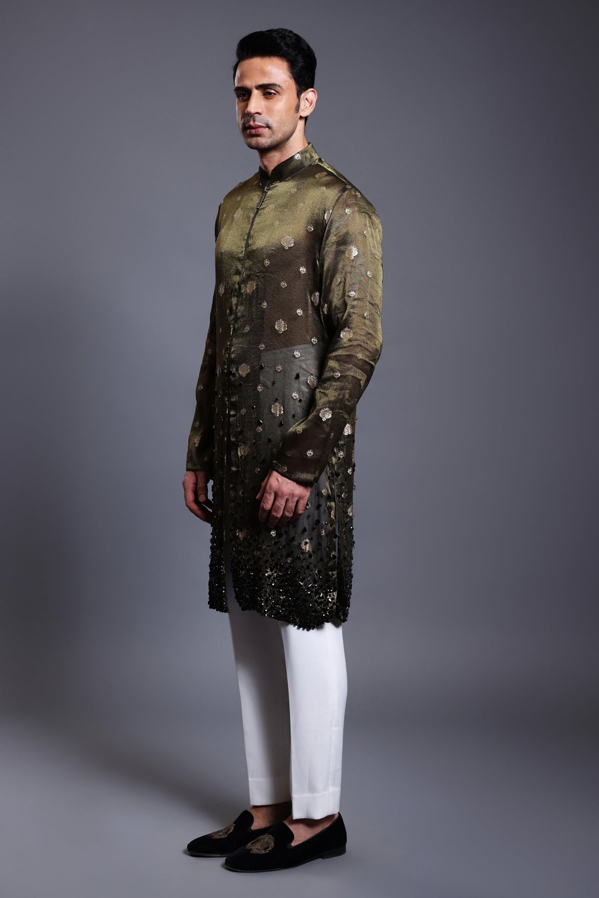 Elegant emerald chanderi kurta sherwani featuring intricate black gradient zircons, perfect for special occasions.