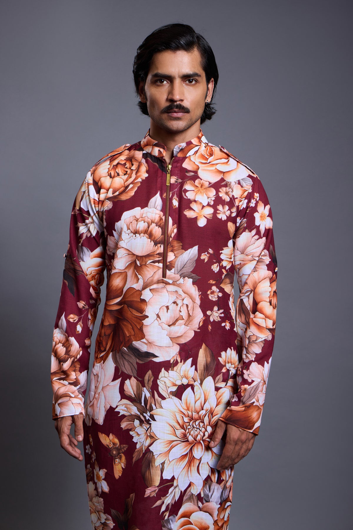 Blended linen maroon kurta featuring a unique moth print, perfect for a stylish yet traditional look