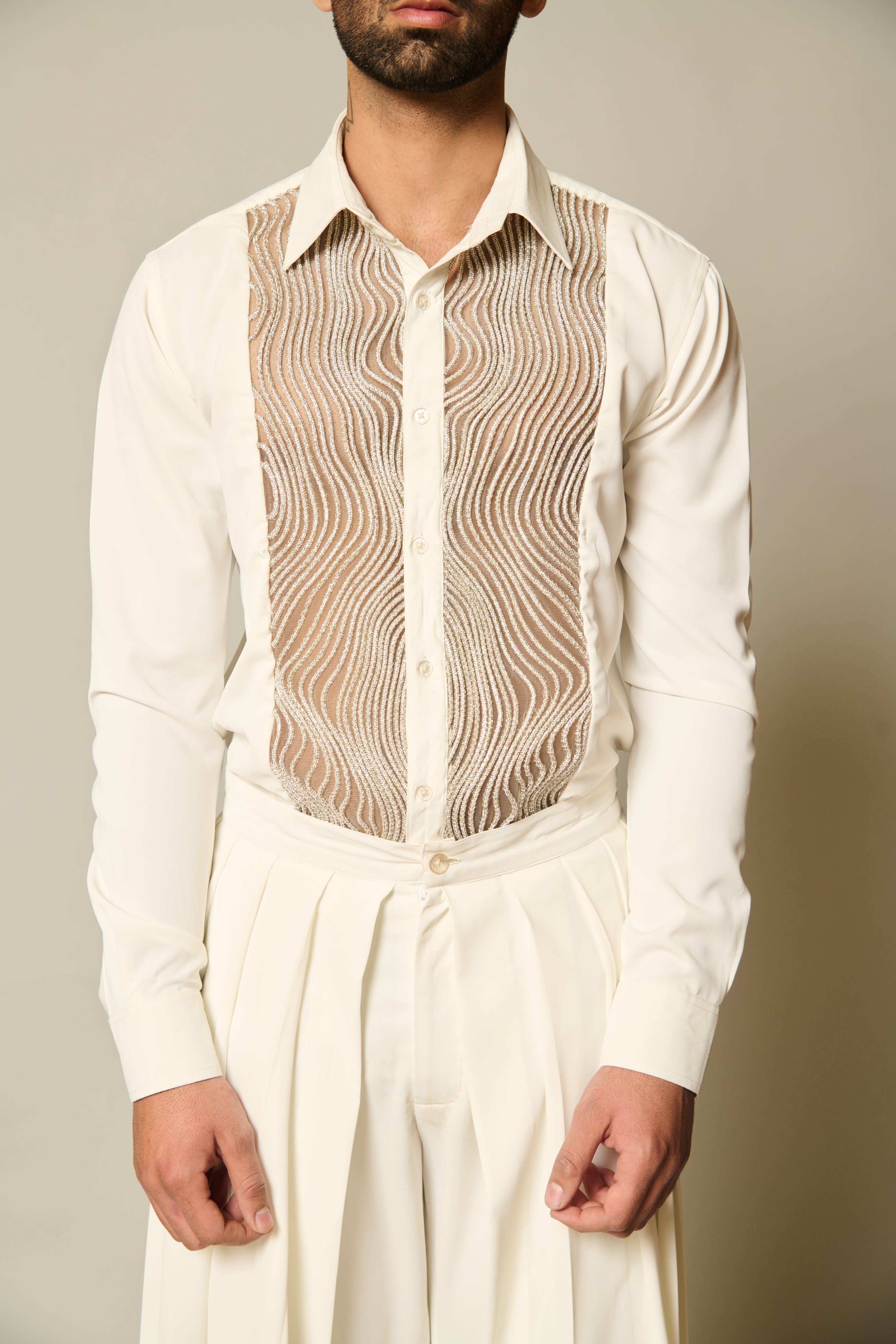 Refined ivory shirt featuring exquisite silver crystal rope detailing for a touch of luxury