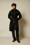 Sophisticated sherwani in neoprene mesh with gradient velvet stripes and striking black crystal rope accents