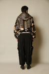 Modern black neoprene mesh unisex jacket with metallic strip embellishments and sophisticated floral applique