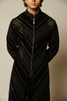 Modern sherwani made from neoprene mesh, enhanced with gradient velvet strips and refined black crystal rope detailing