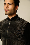 Stylish neoprene mesh sherwani with a gradient velvet design and elegant black crystal rope embellishments