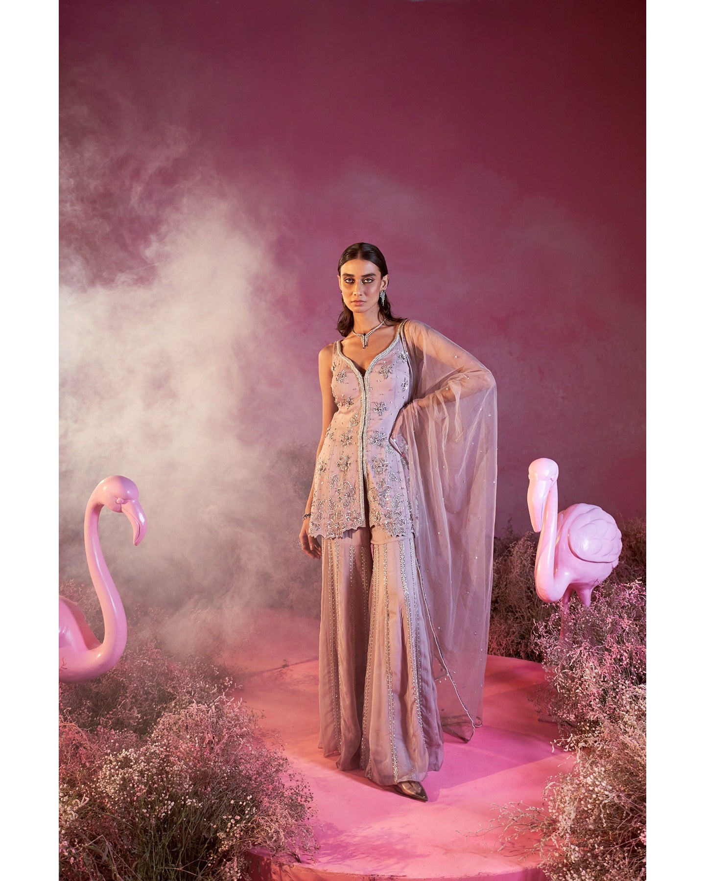 Lilac dreams come to life: Embracing the beauty of hand-embroidery in this soft and enchanting sharara set.