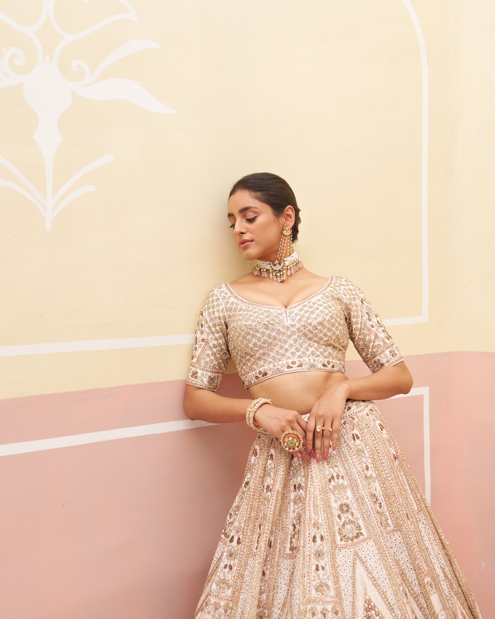 Sophisticated blush pink raw silk lehenga set for a timeless bridal look