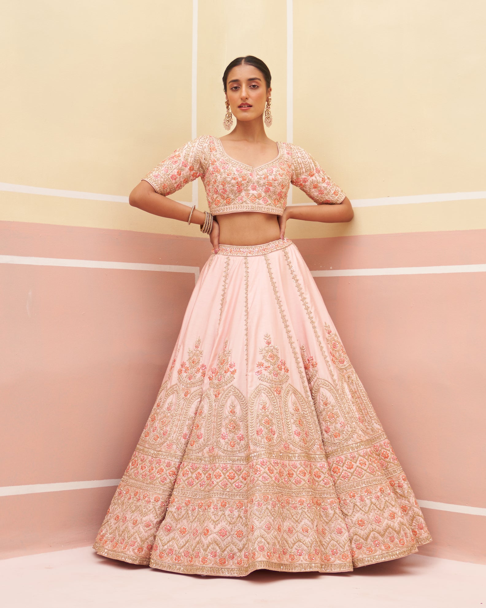 raceful pink raw silk lehenga set for a romantic bridal ensemble