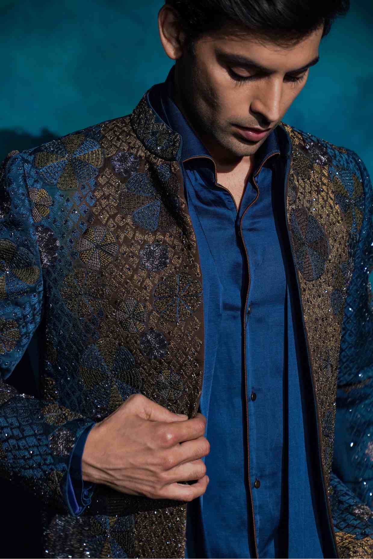 Teal and Ombre Hand Embroidered Short Jacket Set