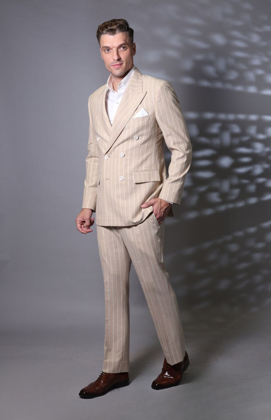 Striped Beige Wedding Suit