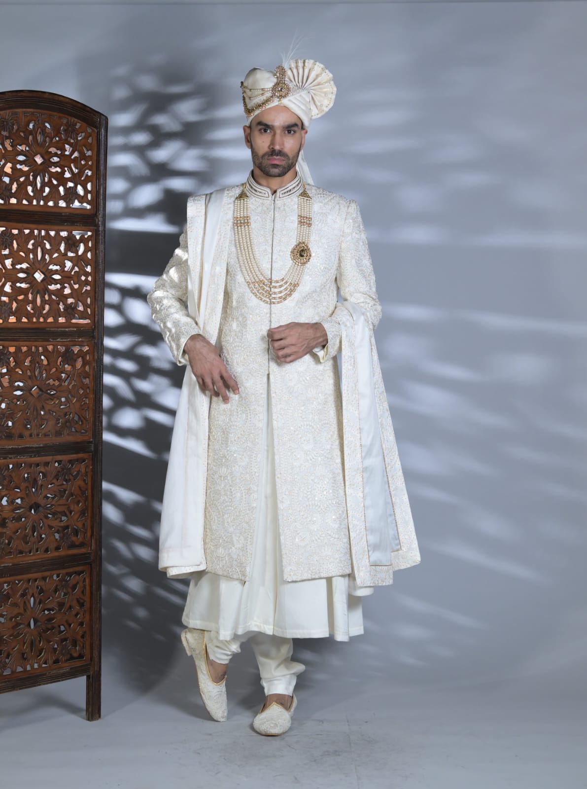 Opulent White Silk Sherwani Set