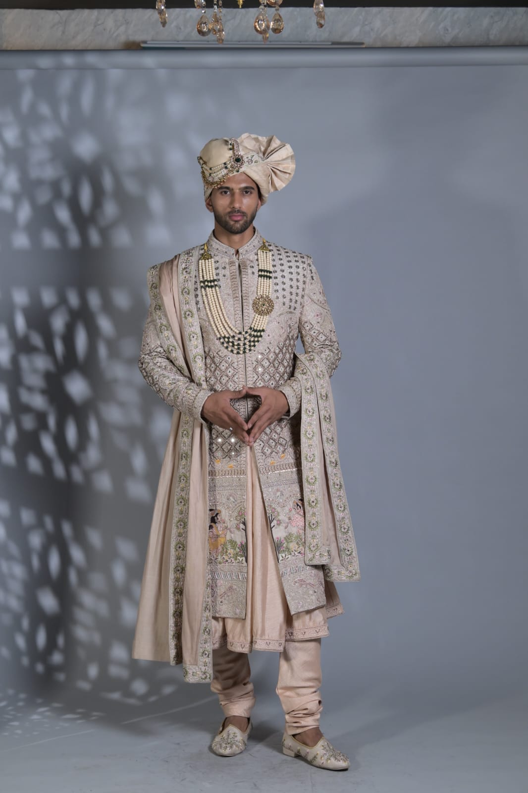 Beige Embroided Sherwani Set